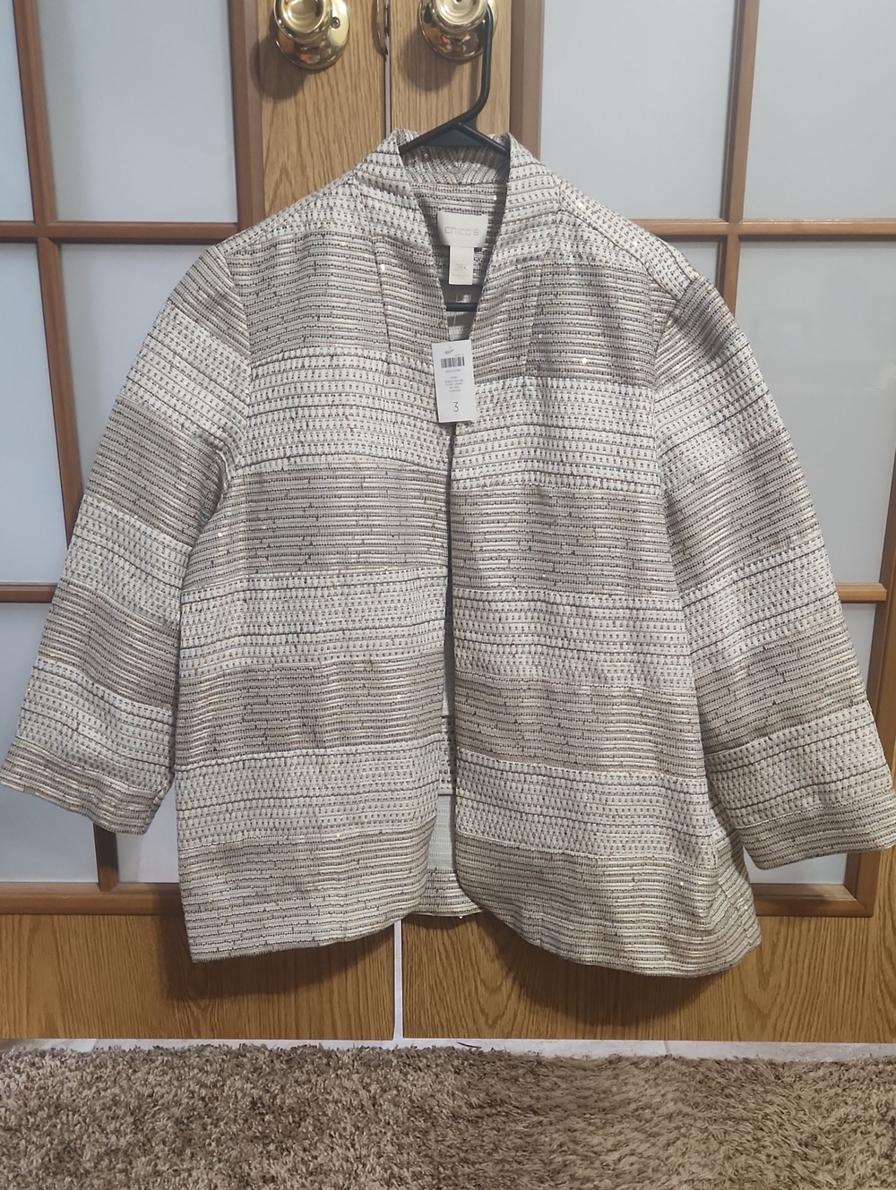 Chico's Sequin Textured Neutral Open Front Blazer Womens Size 16 Nwt